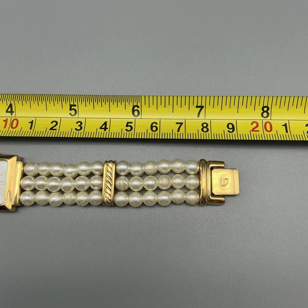 Gruen Womens Watch 22mm Square MOP Faux Pearl Band Gold Tone New Battey 7.25